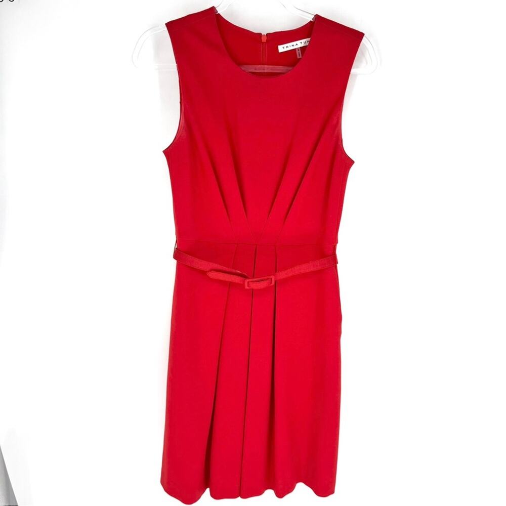 Trina Turk‎ Belted Pleated Sleveless Ponte Dress Red Size 6